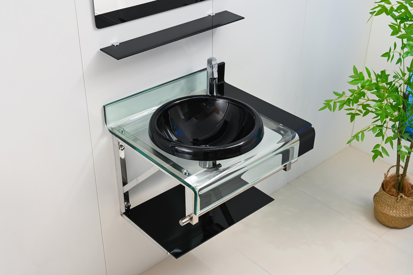 24″ Black Tempered Glass Bathroom Vanity set Floating Sink Mirror Shelves combo