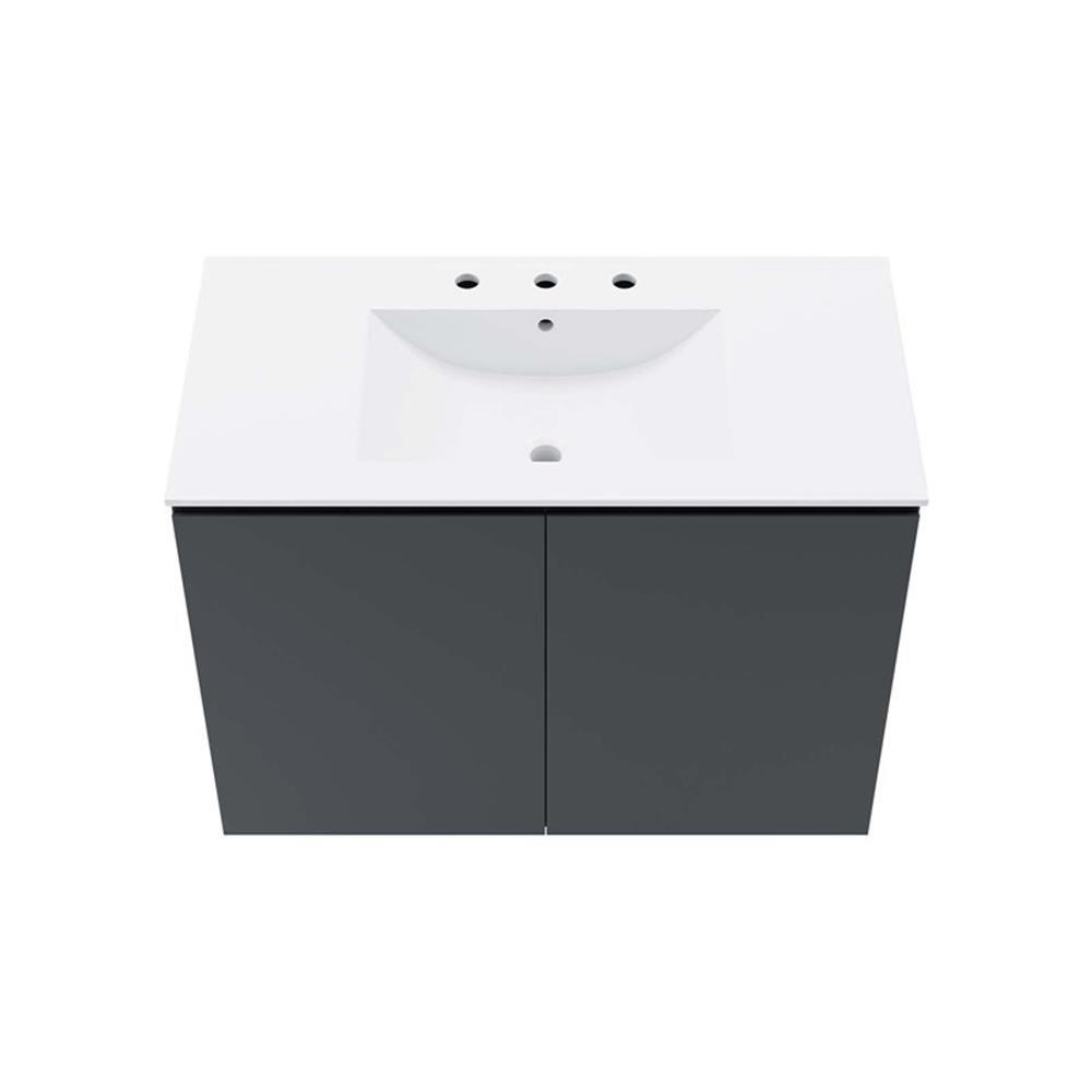Modway Bryn 36″ Modern Wood/Ceramic Wall-Mount Bathroom Vanity in Gray/White