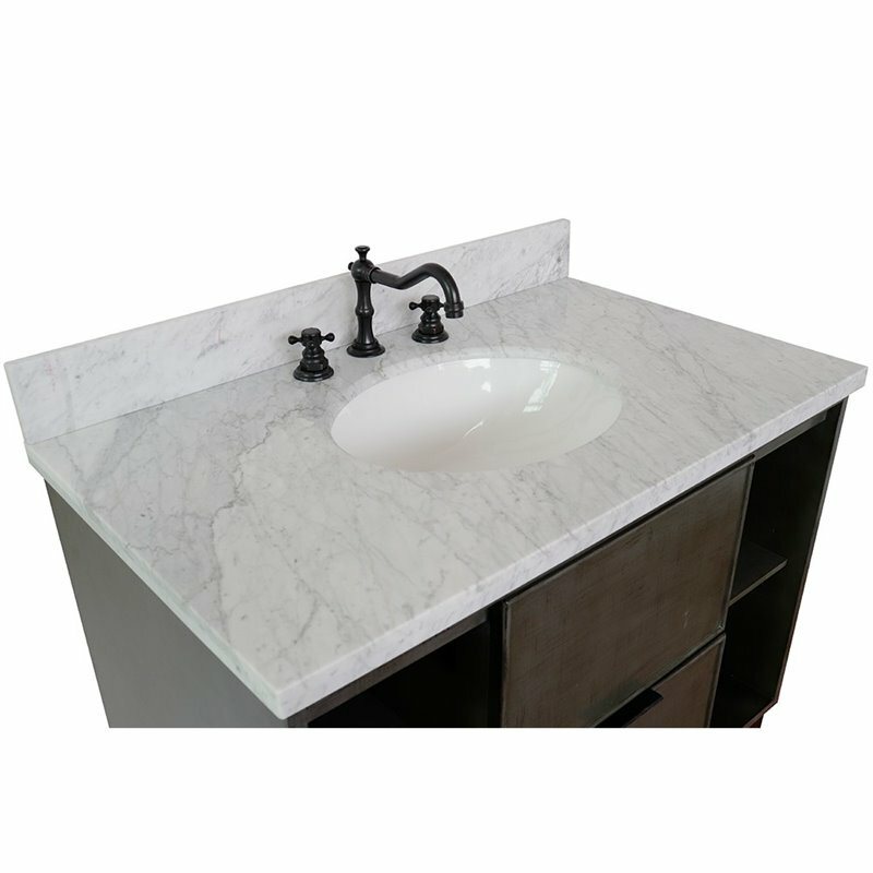 Scandi Solid Wood Oval Sink Vanity with White Carrara Top in Linen Gray