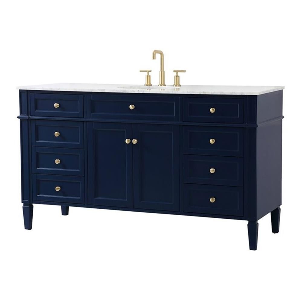 Pemberly Row 60″ Metal MDF Marble Single Bathroom Vanity in Blue
