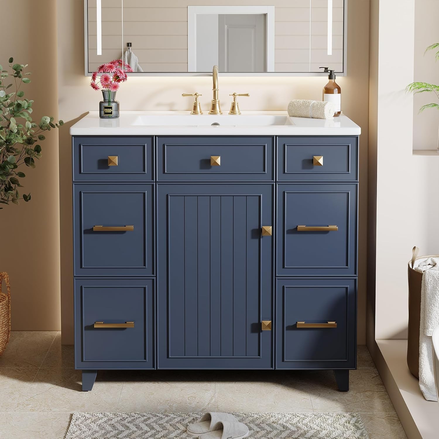 36 Inch Bathroom Vanity with Sink, Modern Bathroom Cabinet w/ 1 Door & 4 Drawers