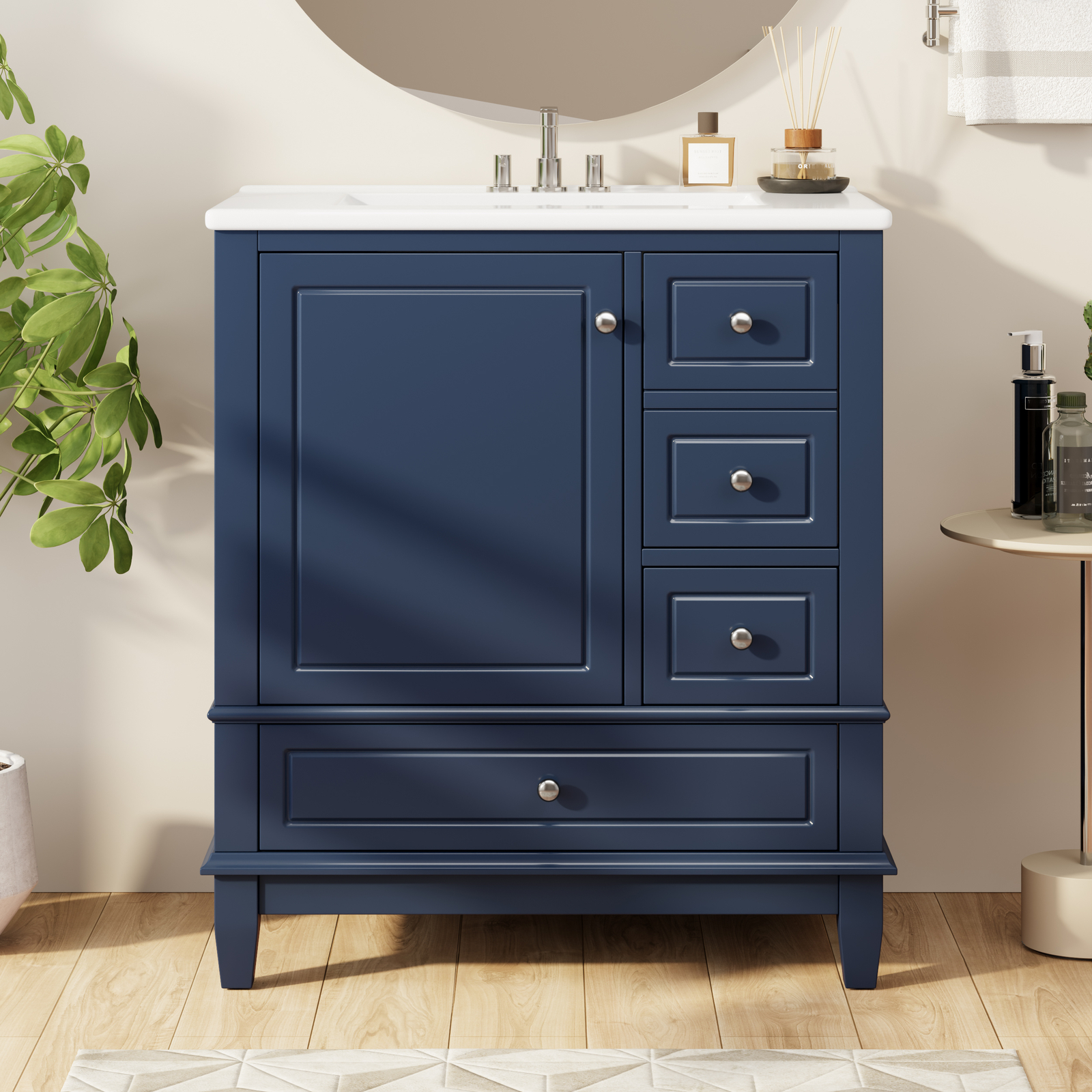 30″ Bathroom Vanity w/Ceramic Sink Freestanding Solid Wood Storage Cabinet Shelf