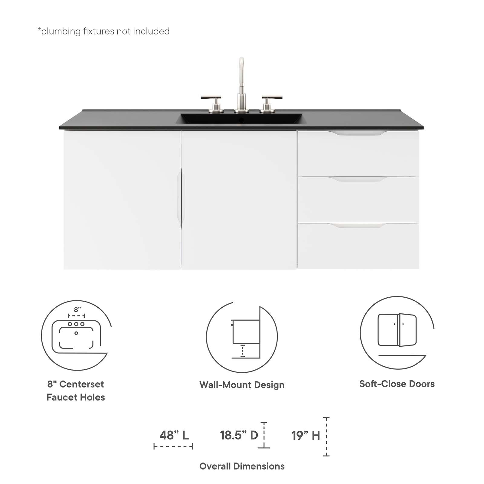 Modway Vitality 48″ Single Sink Wall-Mount Bathroom Vanity in White Black