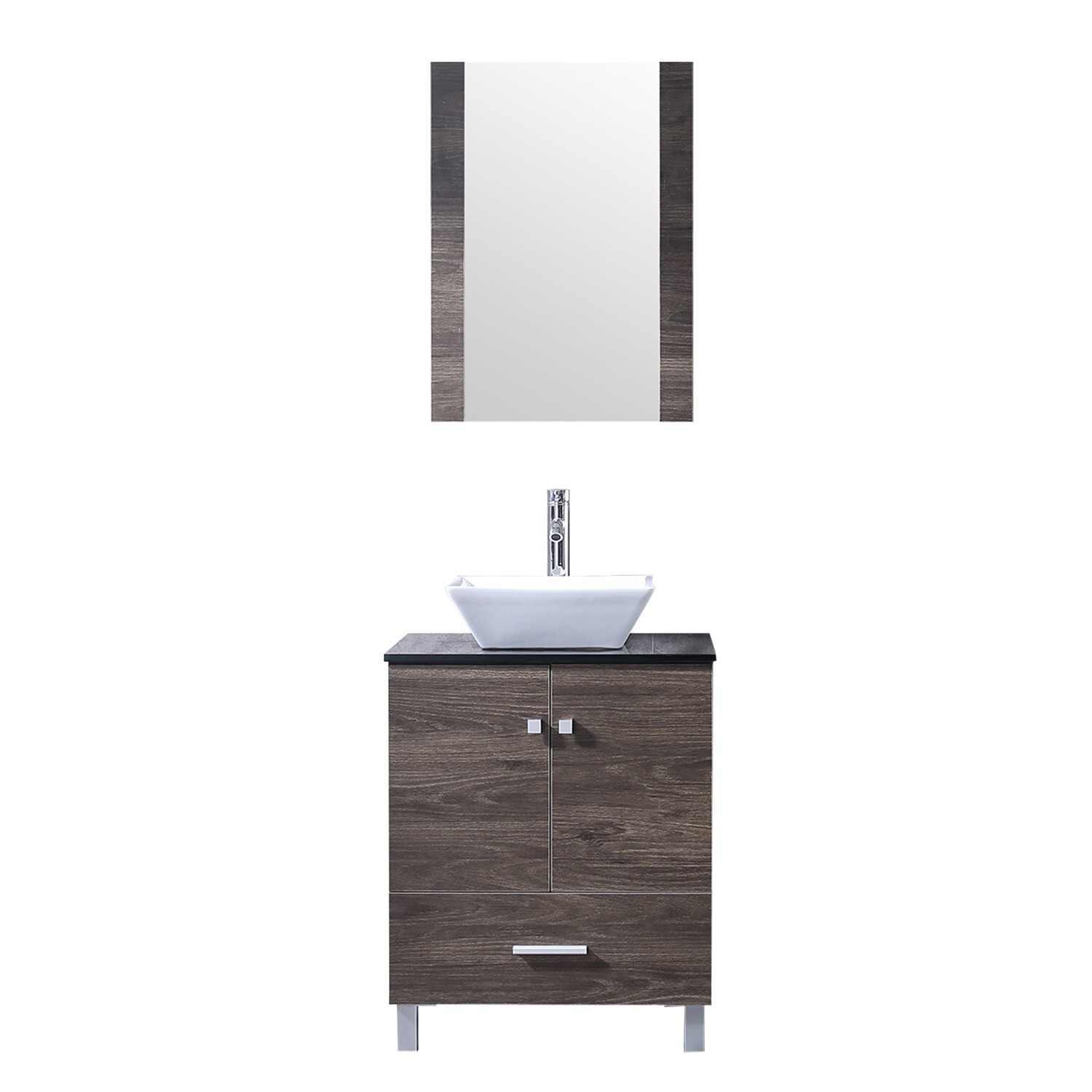 24″Bathroom Vanity Wood Cabinet White Ceramic Sink Bowl Basin Brown Mirror Combo
