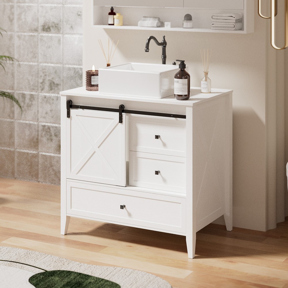 36 Inch Bathroom Vanity Cabinet With Ceramic Sink Sliding Barn Door Freestanding