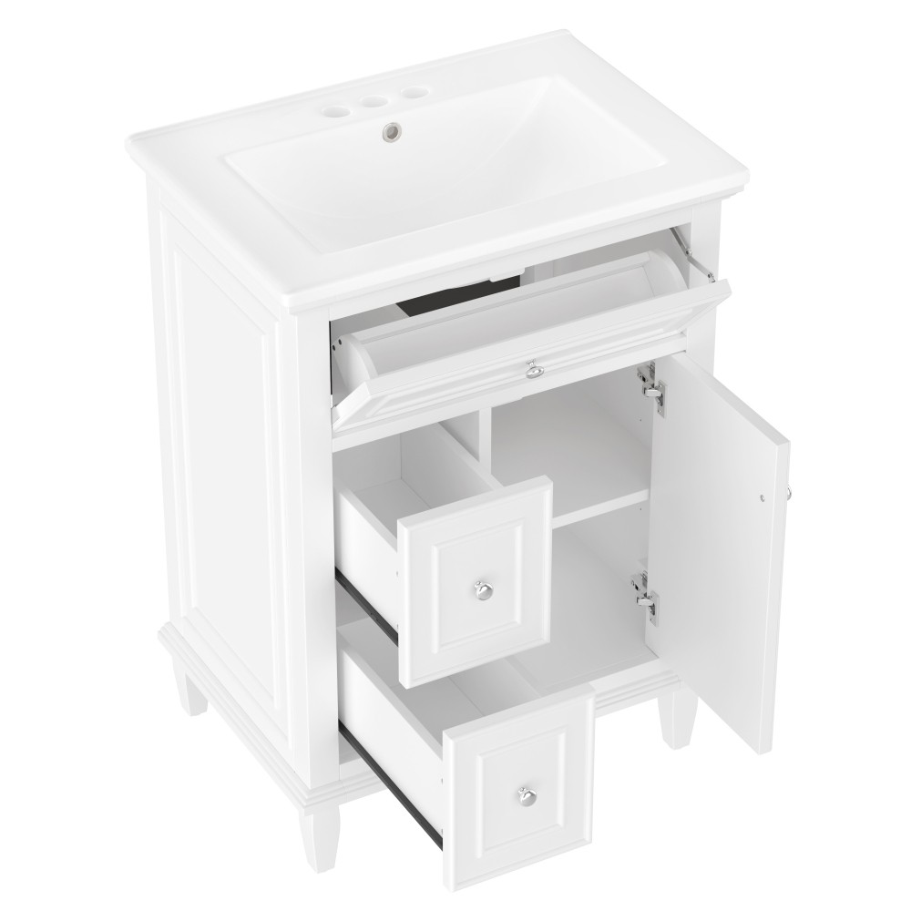 24 Inch White Bathroom Vanity with Ceramic Sink Solid Wood MDF Cabinet