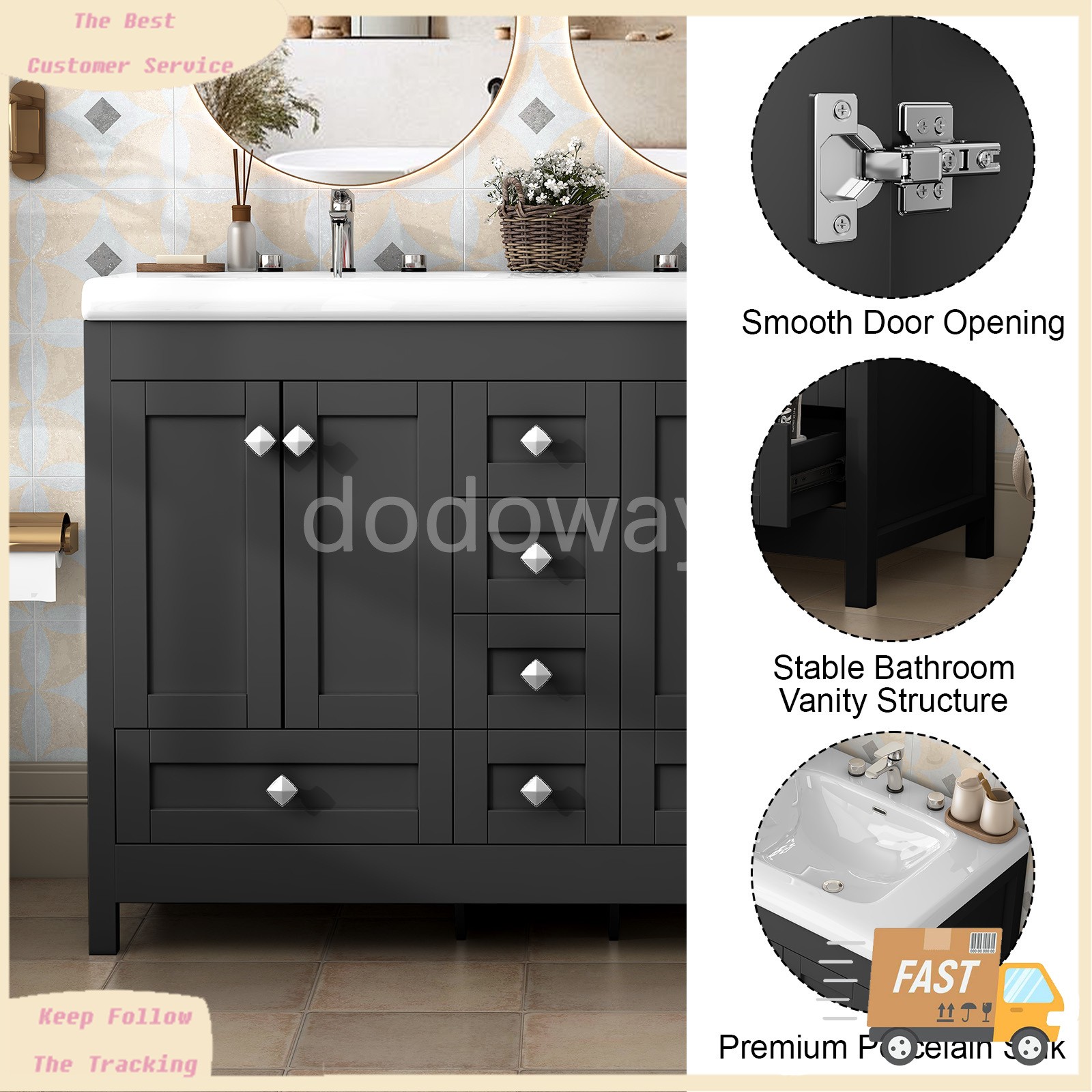 Modern 47″ Double Sink Vanity Freestanding Ceramic Bathroom Cabinet Black