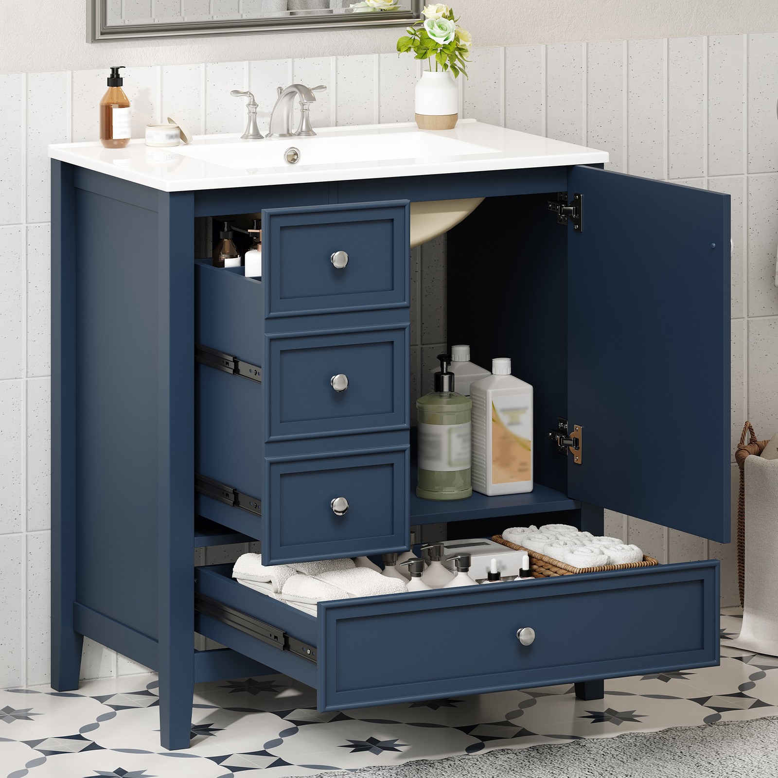 30″ Blue Bathroom Vanity with Sink, 1 Cabinet & 3 Drawers, Solid Wood & MDF