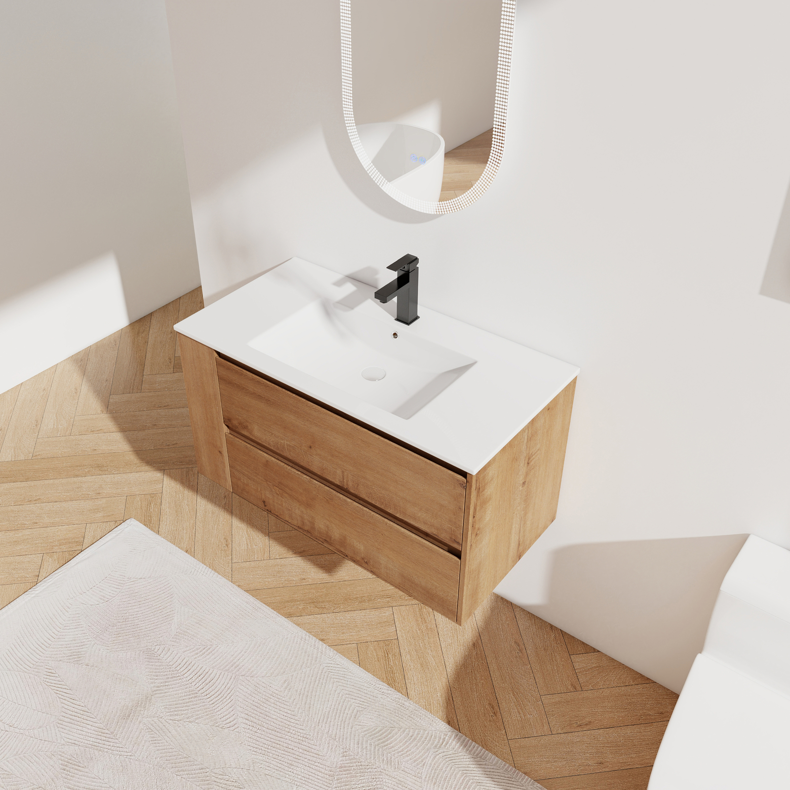 36inch Wooden Floating Wall Mounted Bathroom Vanity W/ Side Shelf Ceramic Sink