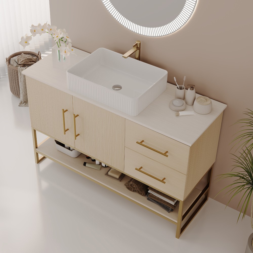 36″ Modern Bathroom Vanity Ceramic Vessel Sink Gold Accent Free Standing Cabinet