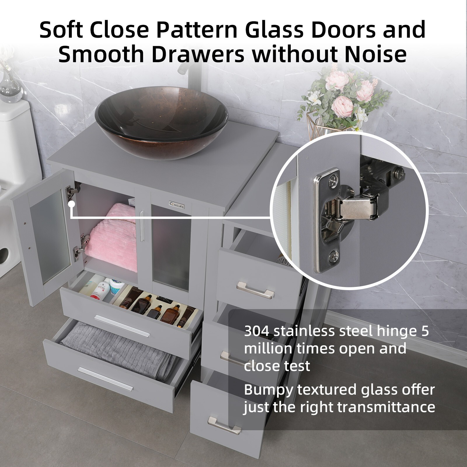 48″ Bathroom Vanity Set Glass Vessel Sink Faucet Cabinet Combo Gray No Mirror