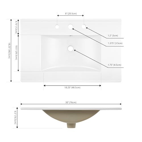 Classic Contemporary 30″ Rectangular Ceramic Vanity Top – 3-Hole Sink Basin, Whi