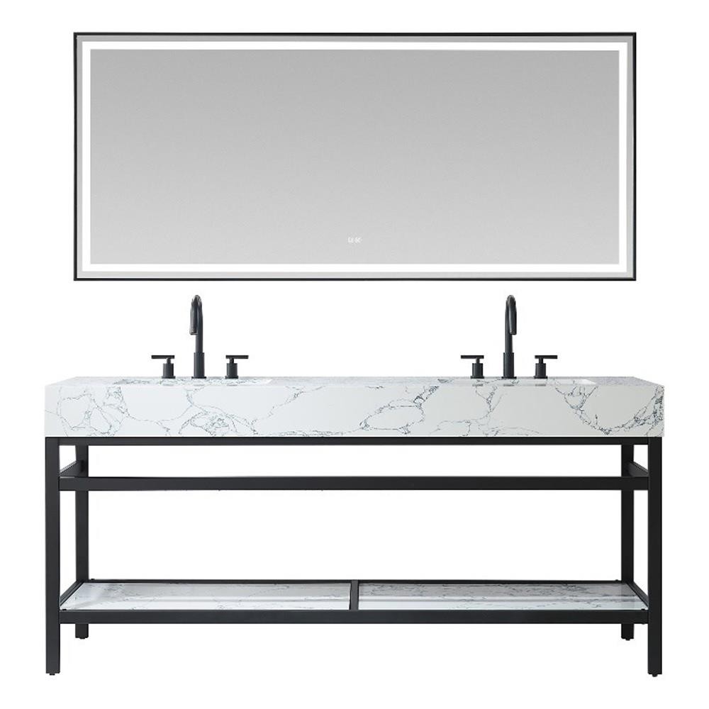 Ecija 72″ Matte Black Metal Vanity with Pandora White Composite Top and Mirror