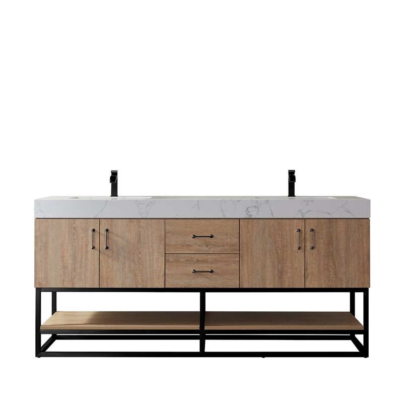 Vinnova Alistair 72″ White Stone Top Oak Double Vanity Black Frame w/o Mirror