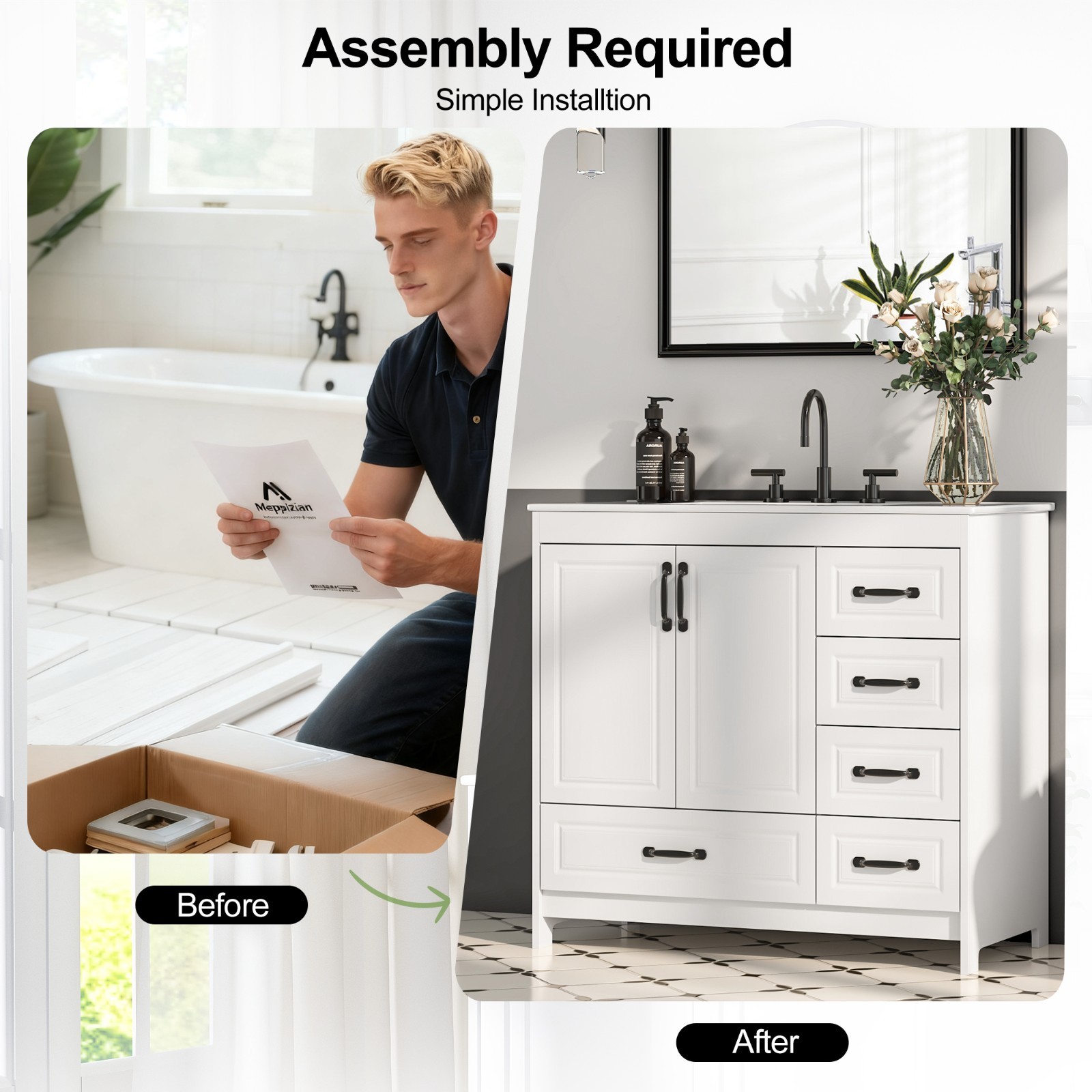 24″ 30″ 36″ Bathroom Vanity Set Storage Cabinet with Ceramic Sink Combo White