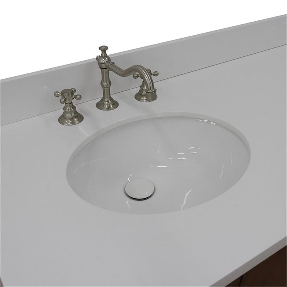 Pemberly Row 61″ Double Oval Sink Solid Wood Vanity in Walnut/White Quartz Stone