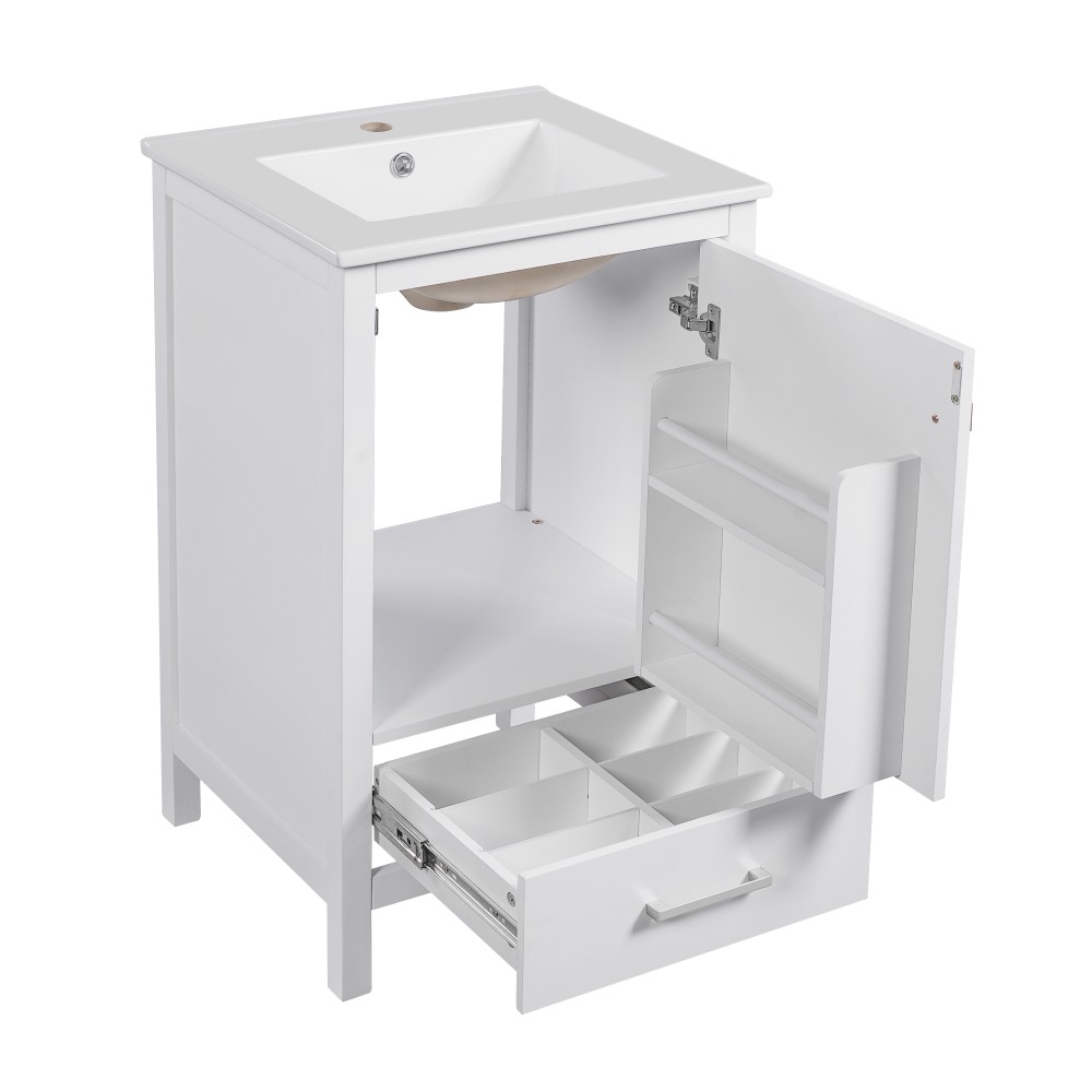 20″ Solid Wood Bath Vanity Ceramic Sink Soft Close Door Divider Drawer Storage