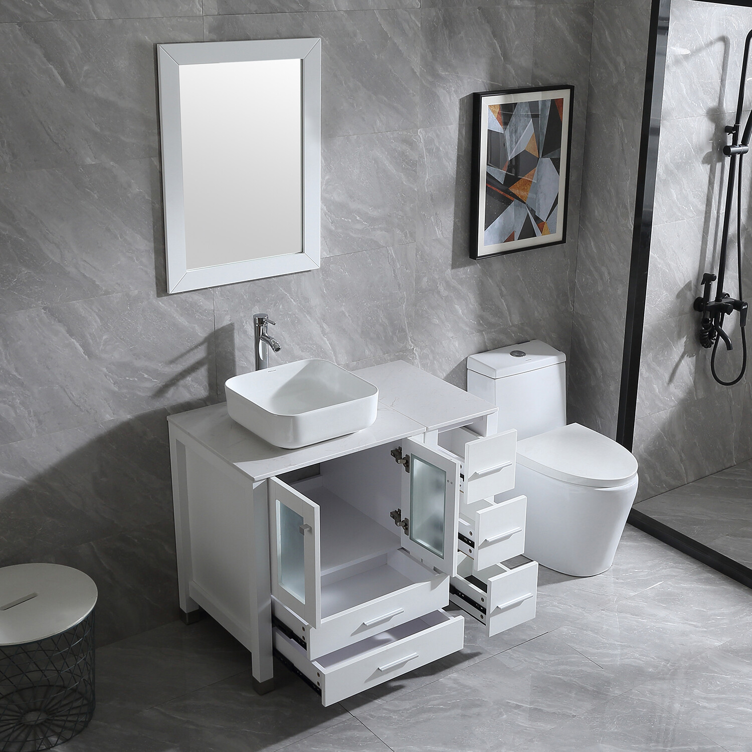 36″ inch Single Sink Bathroom Vanity Set w/Ceramic Vessel Sink Faucet & Mirror