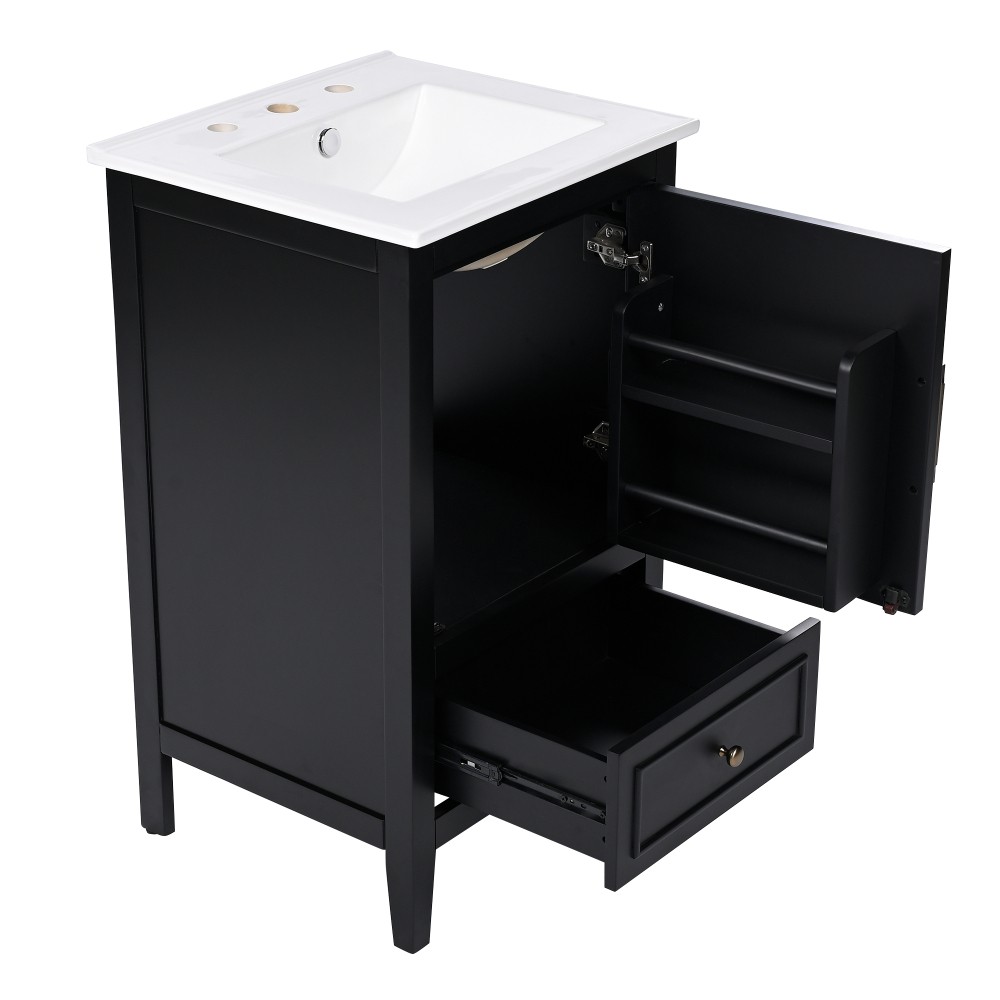 20″ Black Bathroom Vanity with Ceramic Sink Solid Wood MDF Cabinet