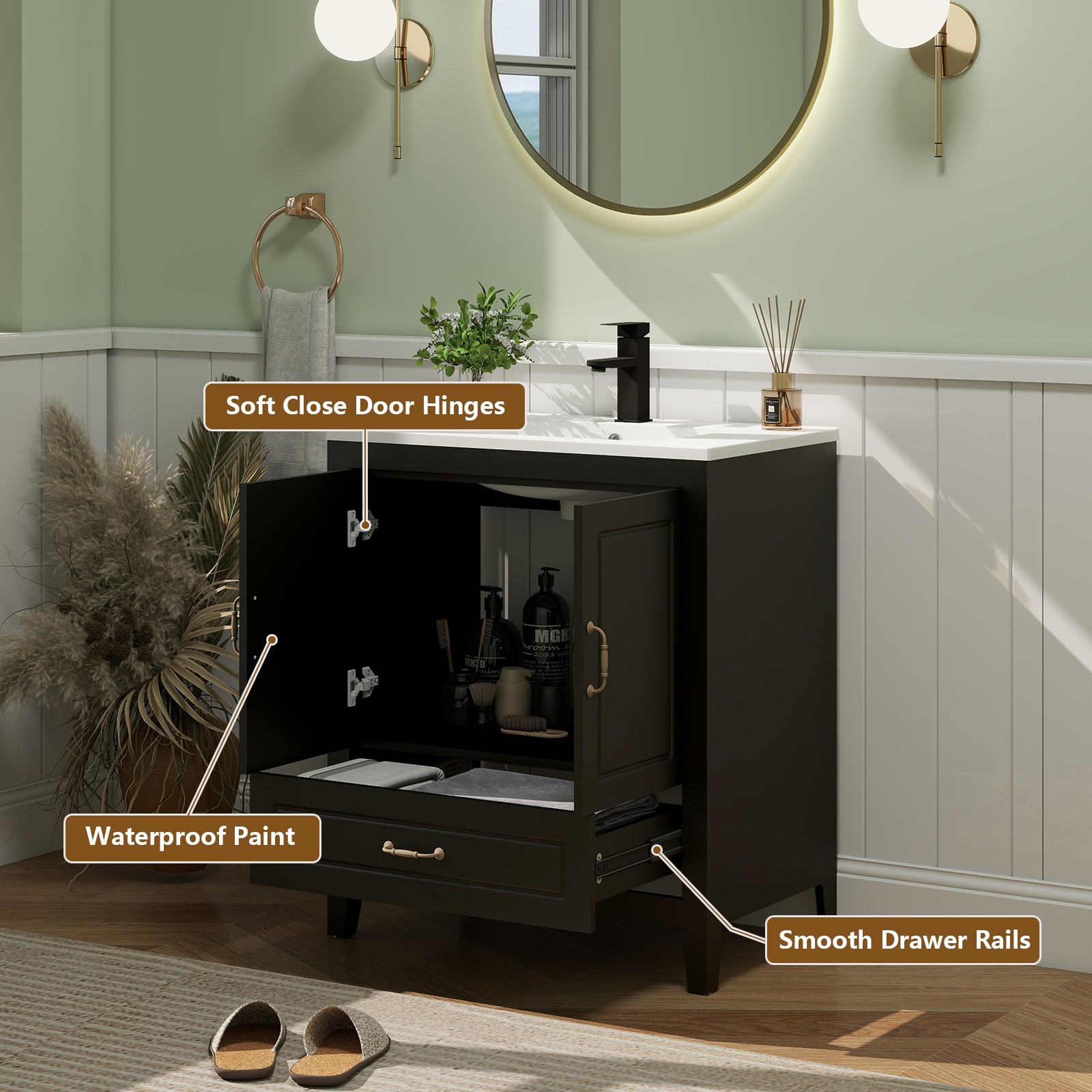 30″ Bathroom Vanity with Ceramic Sink Soft-Close 2 Doors 1 Drawer Faucet Modern
