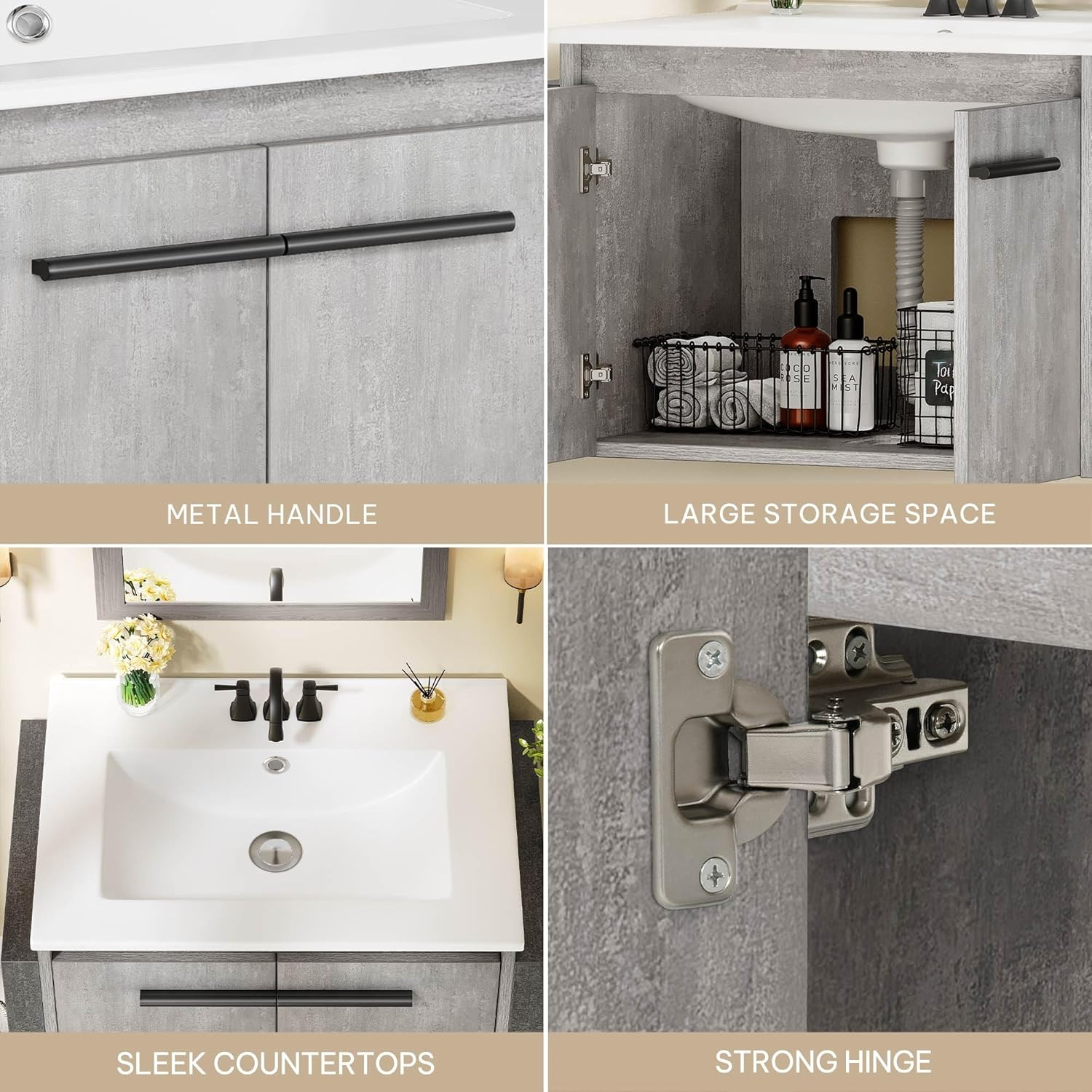 24″ Grey Wall-Mounted Bathroom Vanity with Sink & Soft-Close Double Doors