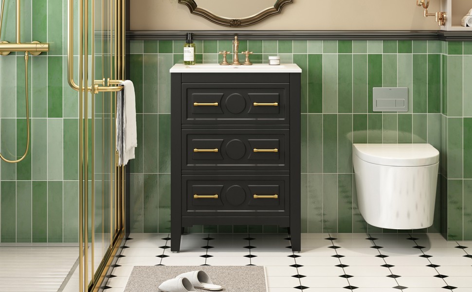 24” Bathroom Vanity with Ceramic Sink, 3 Drawers, Solid Wood Frame Retro Black
