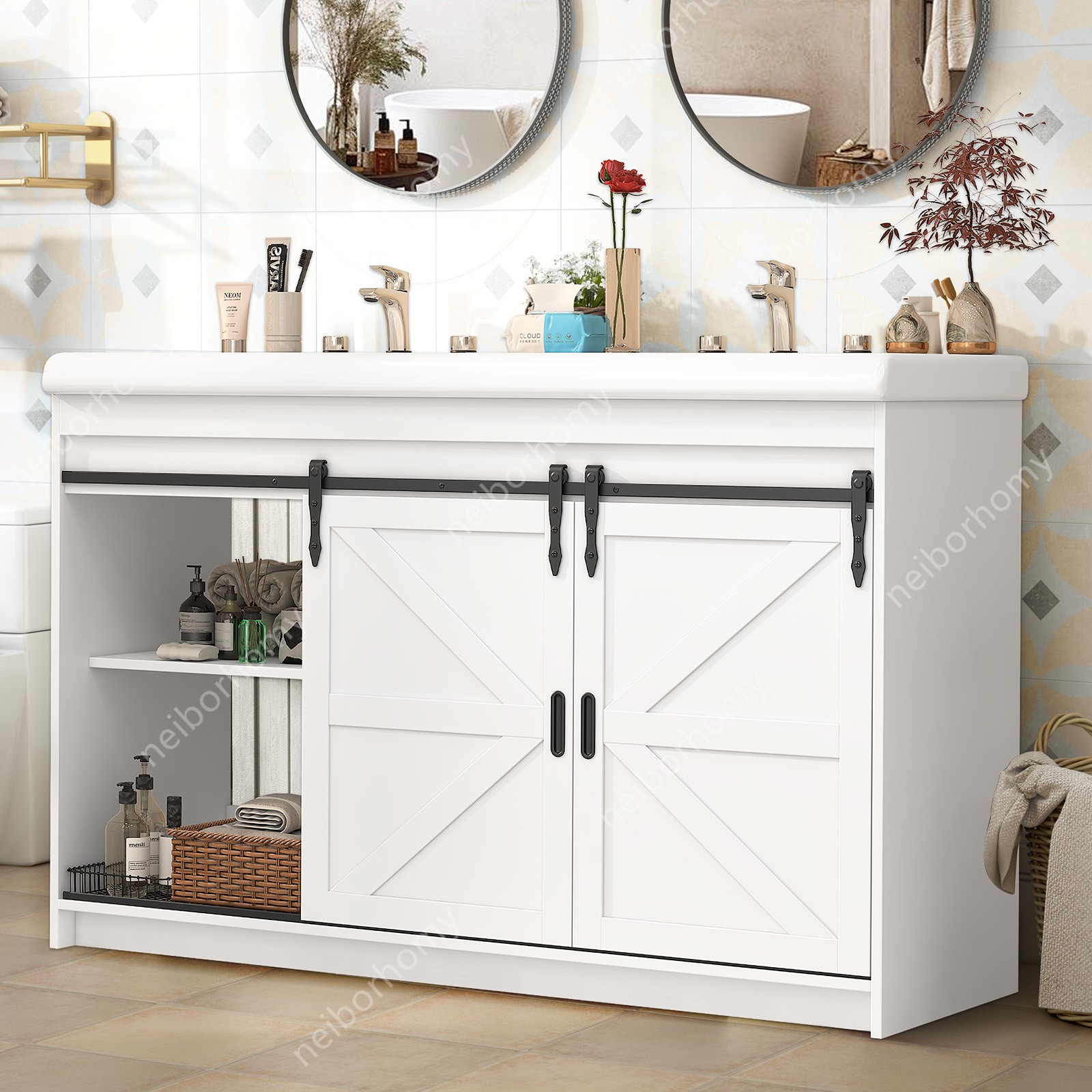 Double Sink Bathroom Vanity Cabinet Complete Set Ceramic Basin Bathroom Unit