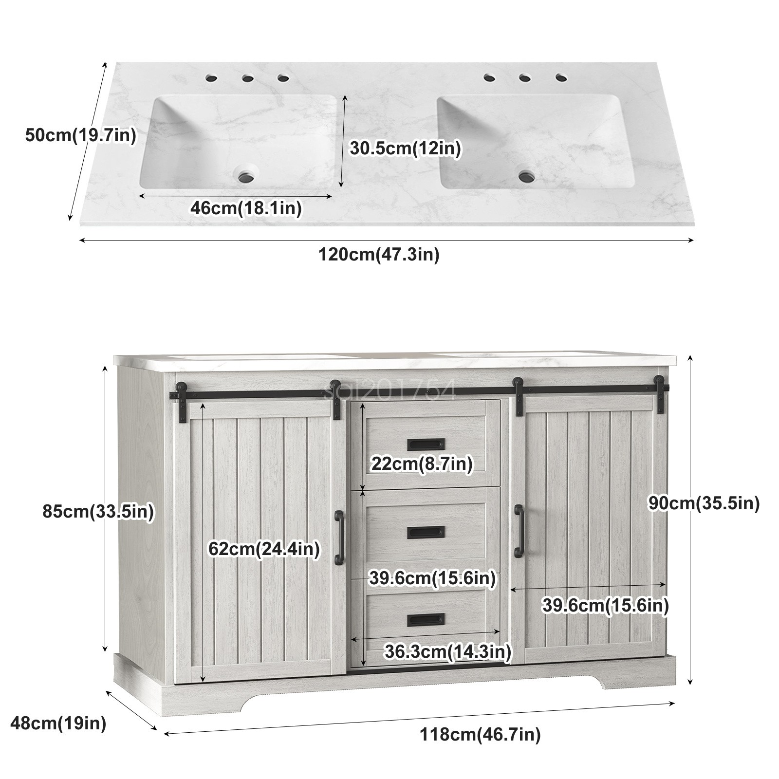 47″ Bathroom Double Sink Vanity Cabinet Ceramic Vessel Double Sink Cabinet White