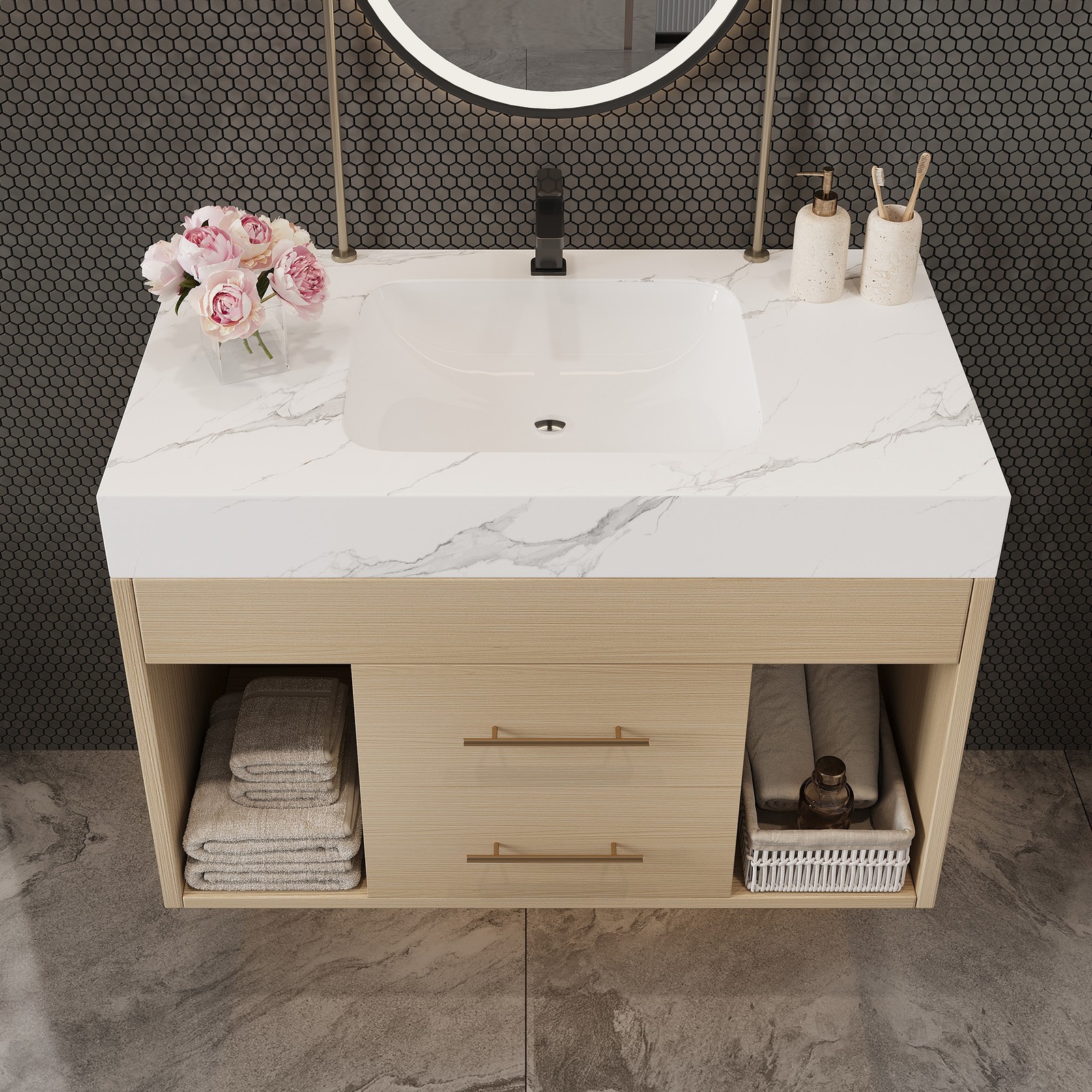 29.9″ Floating Bathroom Vanity with Sintered Stone Top & Ceramic Sink