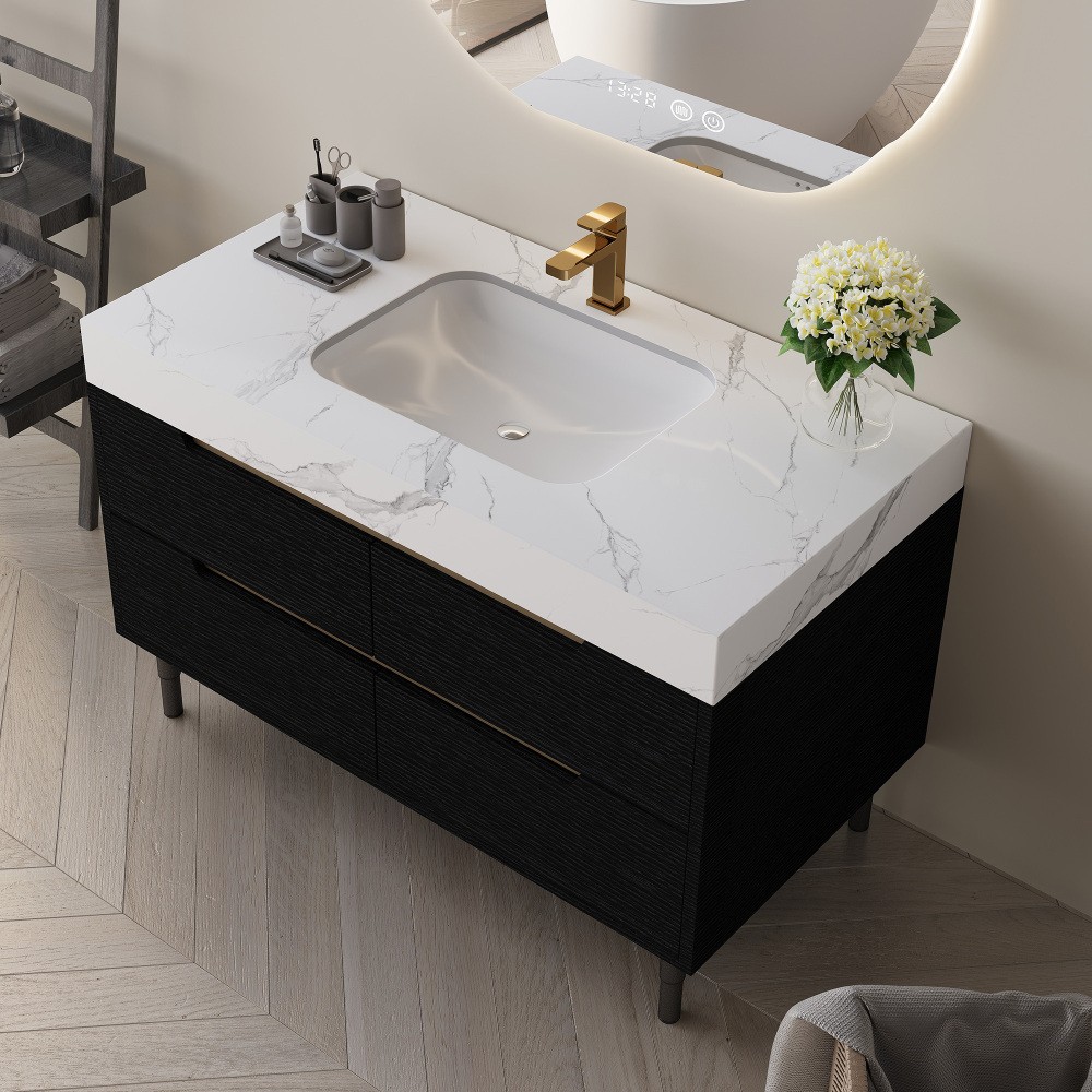 35.4″ Farmhouse Bathroom Vanity w/Sintered Stone Top，4 Drawers，Wall/Floor Mount