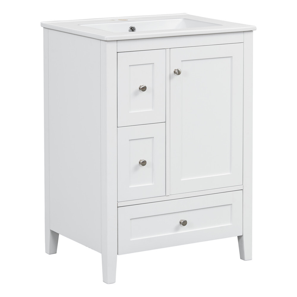 24″ Bathroom Vanity w/Ceramic Sink, Freestanding Vanity Cabinet, 3 Drawers, Door