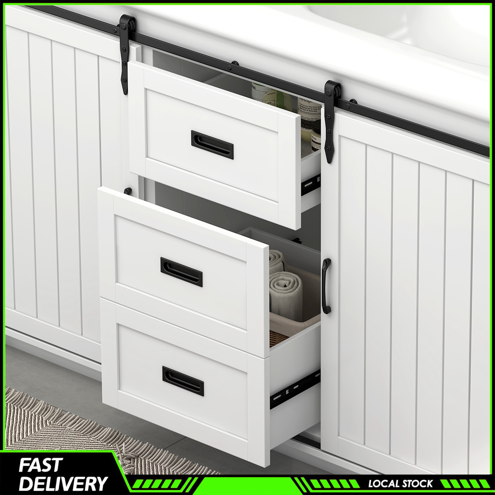 47″ Freestanding Bathroom Vanity w/ Double Ceramic Sink &2 Drawers Storage Space