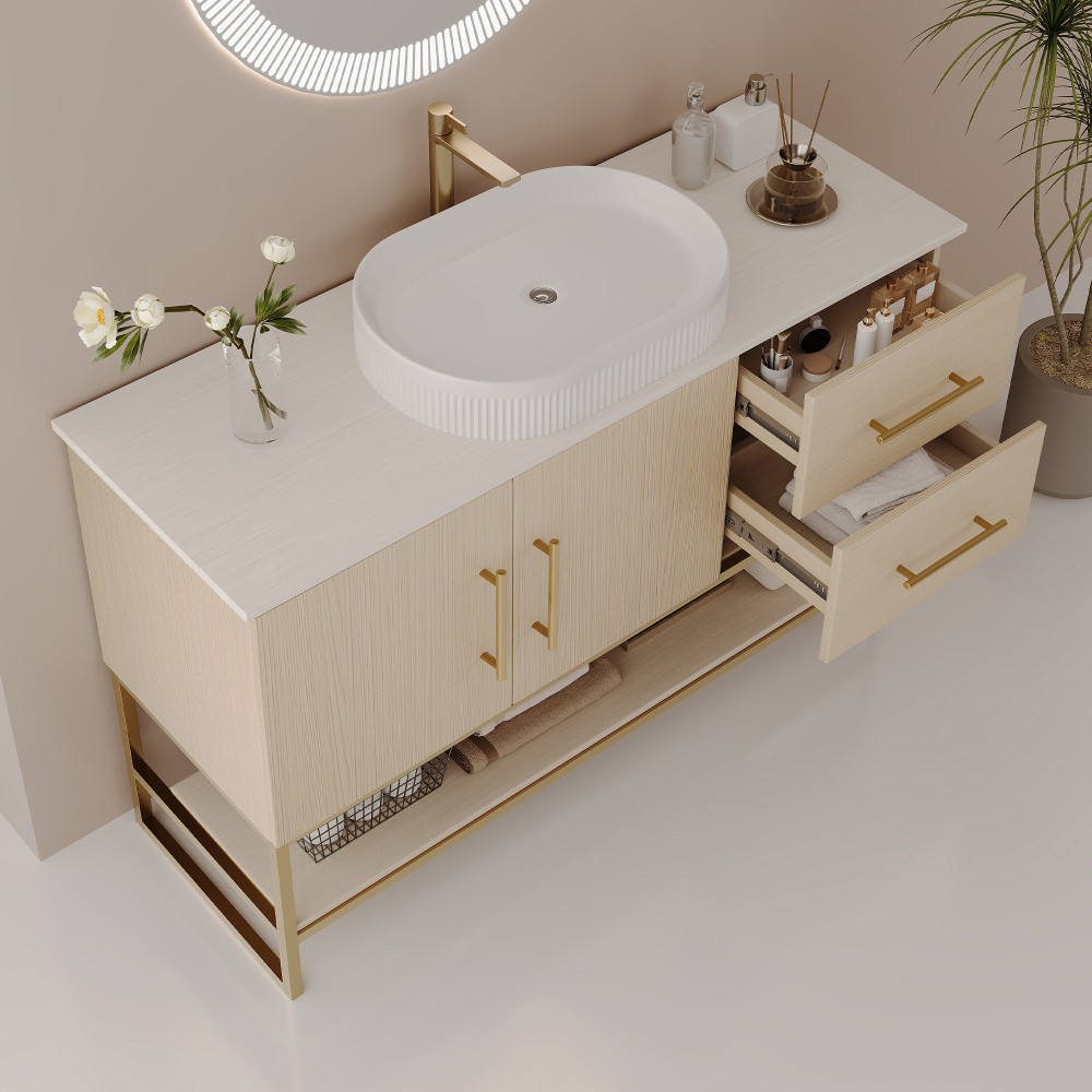 36″ Modern Bathroom Vanity Ceramic Vessel Sink Gold Accent Free Standing Cabinet