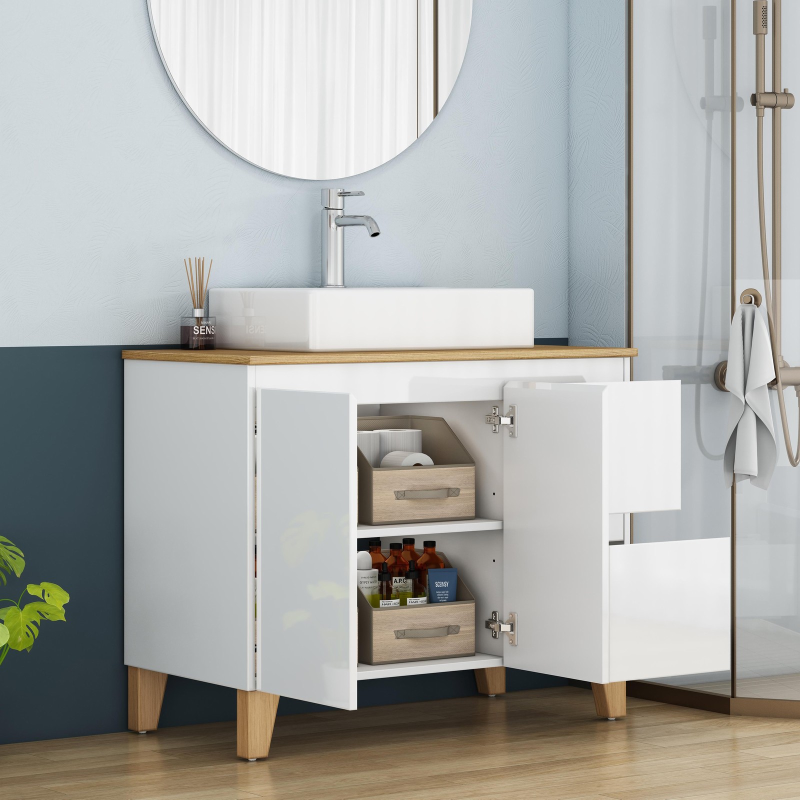 36 Inch Bathroom Vanity with Sink Combo, Glossy White, Solid Wood Top