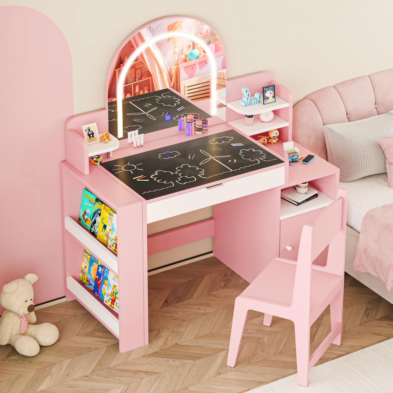 Kids Vanity Table Set Lighted Mirror Stool Jewelry Storage Makeup Pink