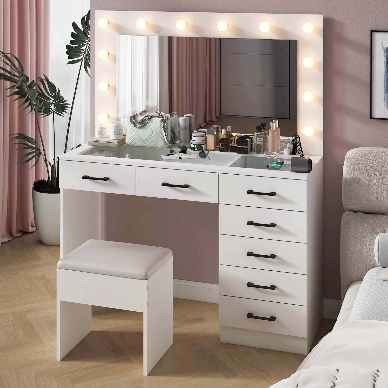 Makeup Vanity Desk Mirror Lighted Charging 7 Drawers Stool 3 Colors