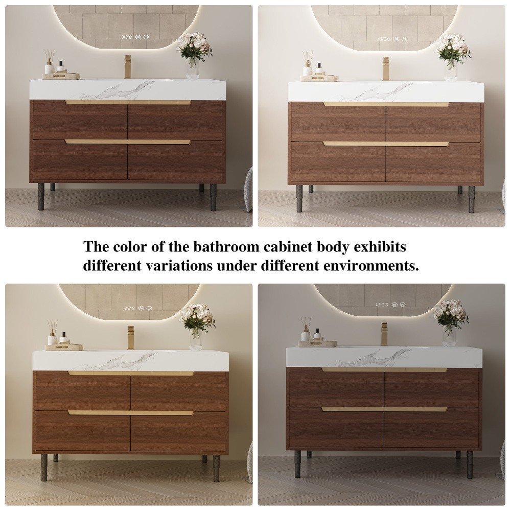 35.4″ Farmhouse Bathroom Vanity w/Sintered Stone Top，4 Drawers，Wall/Floor Mount