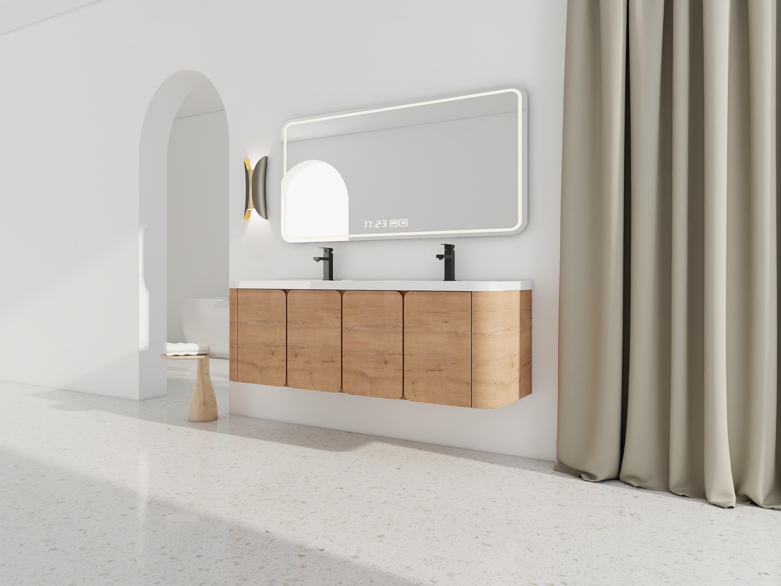 60in Plywood Wall-Mounted Bathroom Vanity with White Double Resin Sink 4 Doors