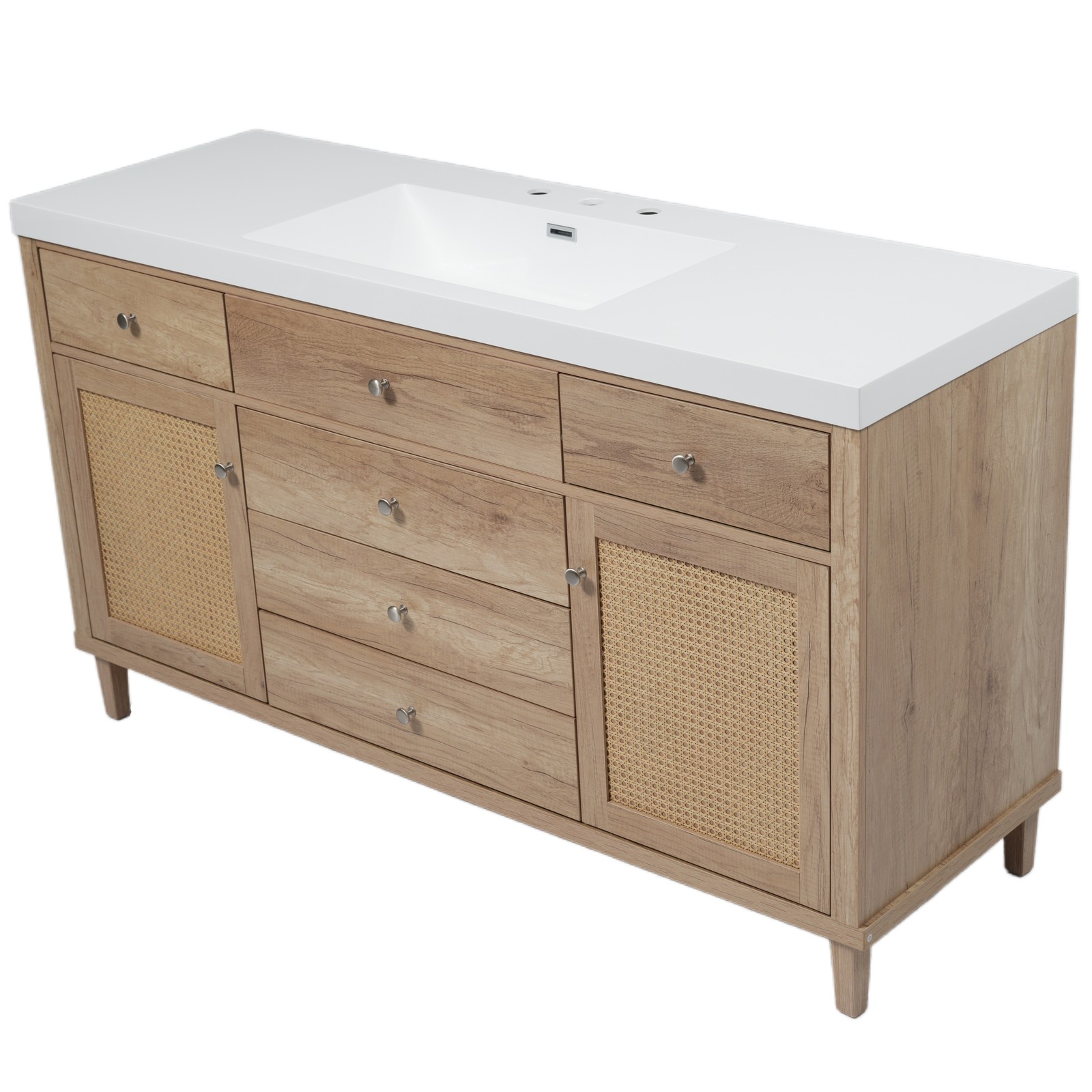60″ Wooden Bathroom Vanity Cabinet with SMC Sink Storage Drawers Rattan Doors