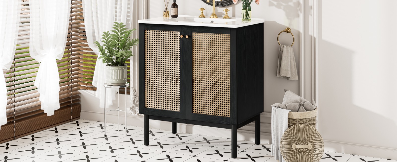 30″ Bathroom Vanity w/ Sink, Freestanding Vanity Storage Cabinet, 2 Rattan Doors