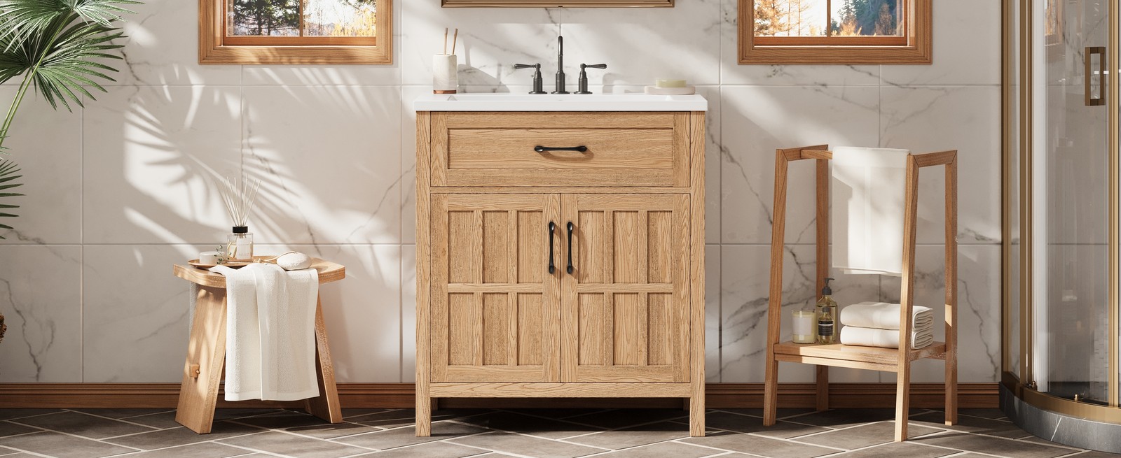 30″ Bathroom Vanity with Resin Sink, Modern Wood Frame Bathroom Sink Cabinet