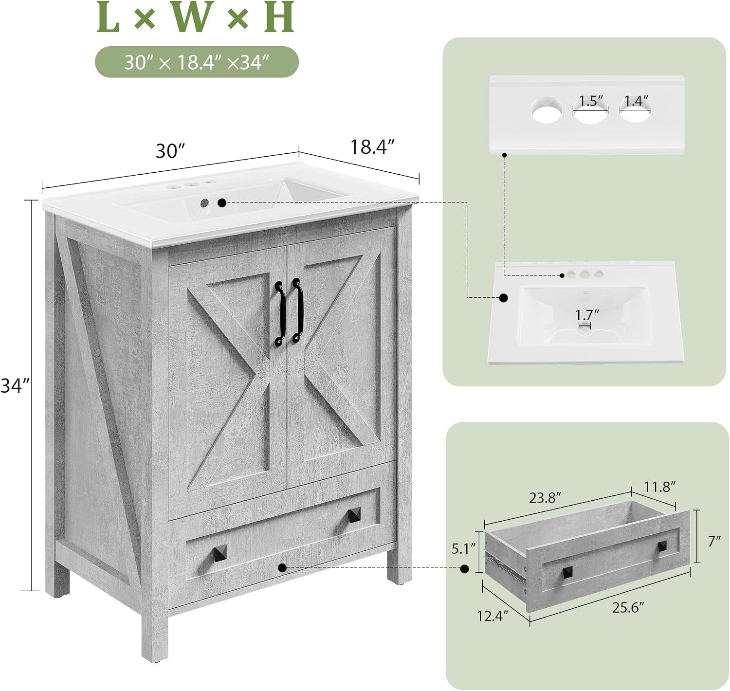 30 in Vanity with Ceramic Sink Bathroom Vanity with 2 Door and 1 Drawer Cabinet
