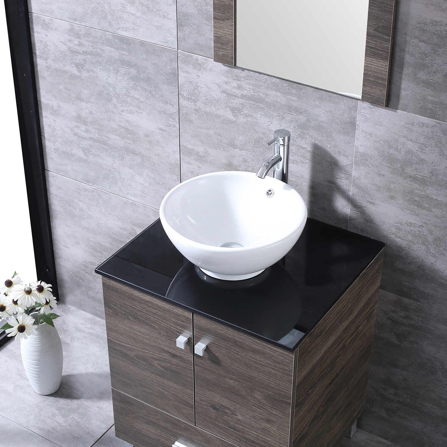 24″ Bathroom Vanity Wood Cabinet Ceramic Sink Brown Mirror Combo w/Faucet Drain
