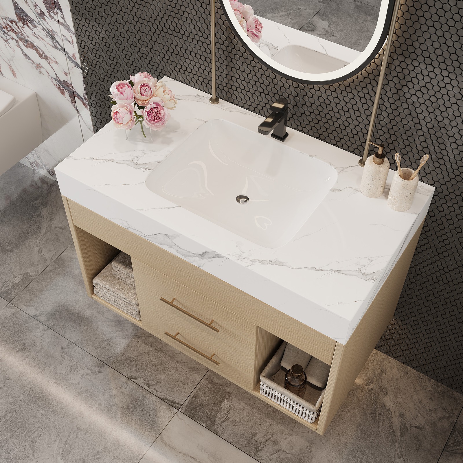 29.9″ Floating Bathroom Vanity with Sintered Stone Top & Ceramic Sink