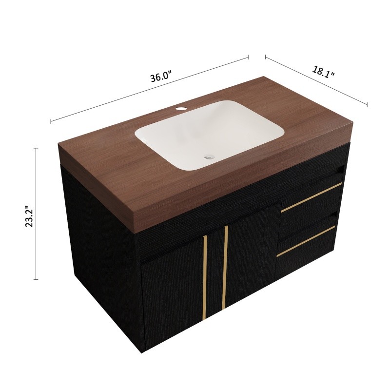 36″ Modern Floating Bathroom Vanity w/Integrated Ceramic Sink & Faux Marble Top
