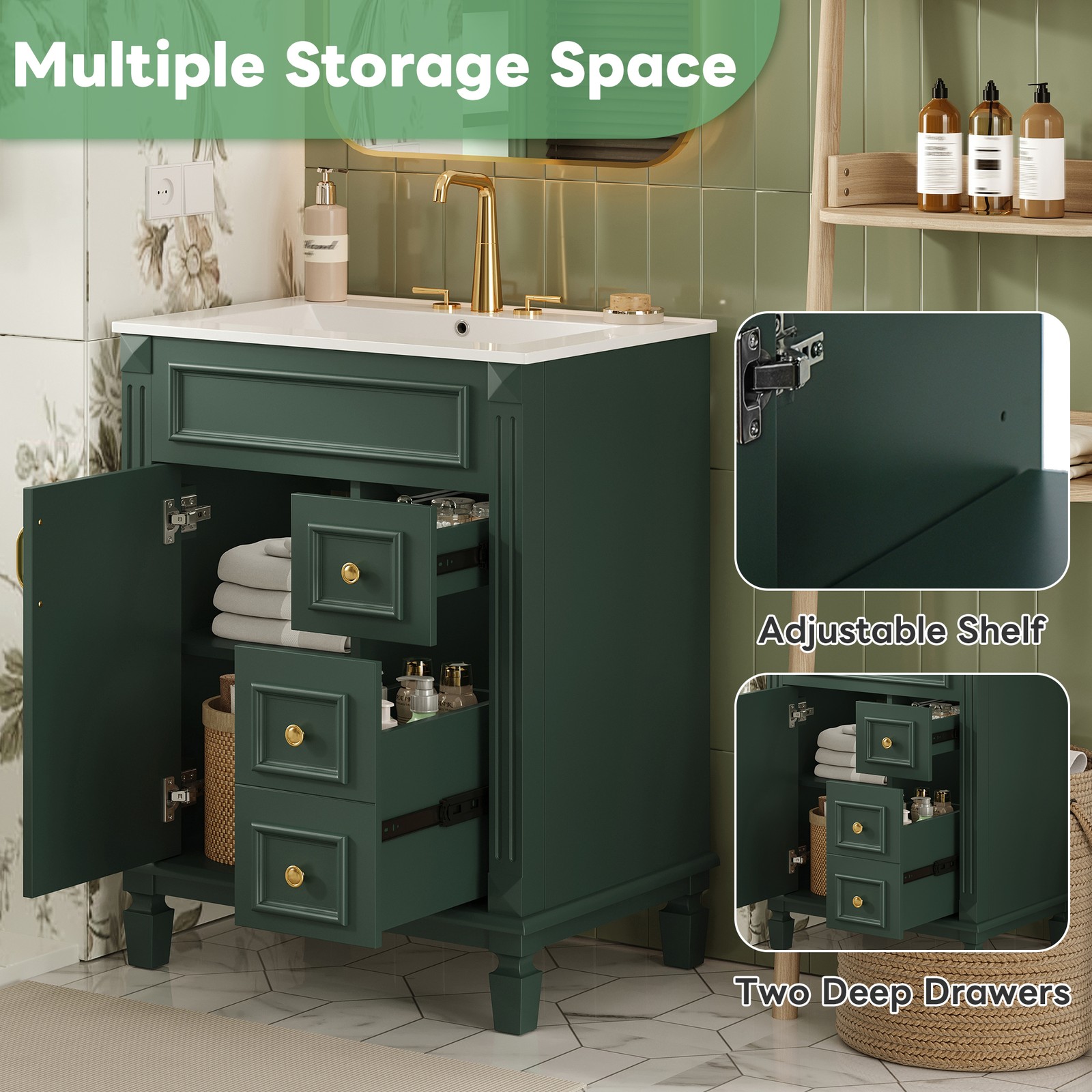 24″ Bathroom Vanity w/Ceramic Sink, Small Bathroom Sink Cabinet with 2 Drawers
