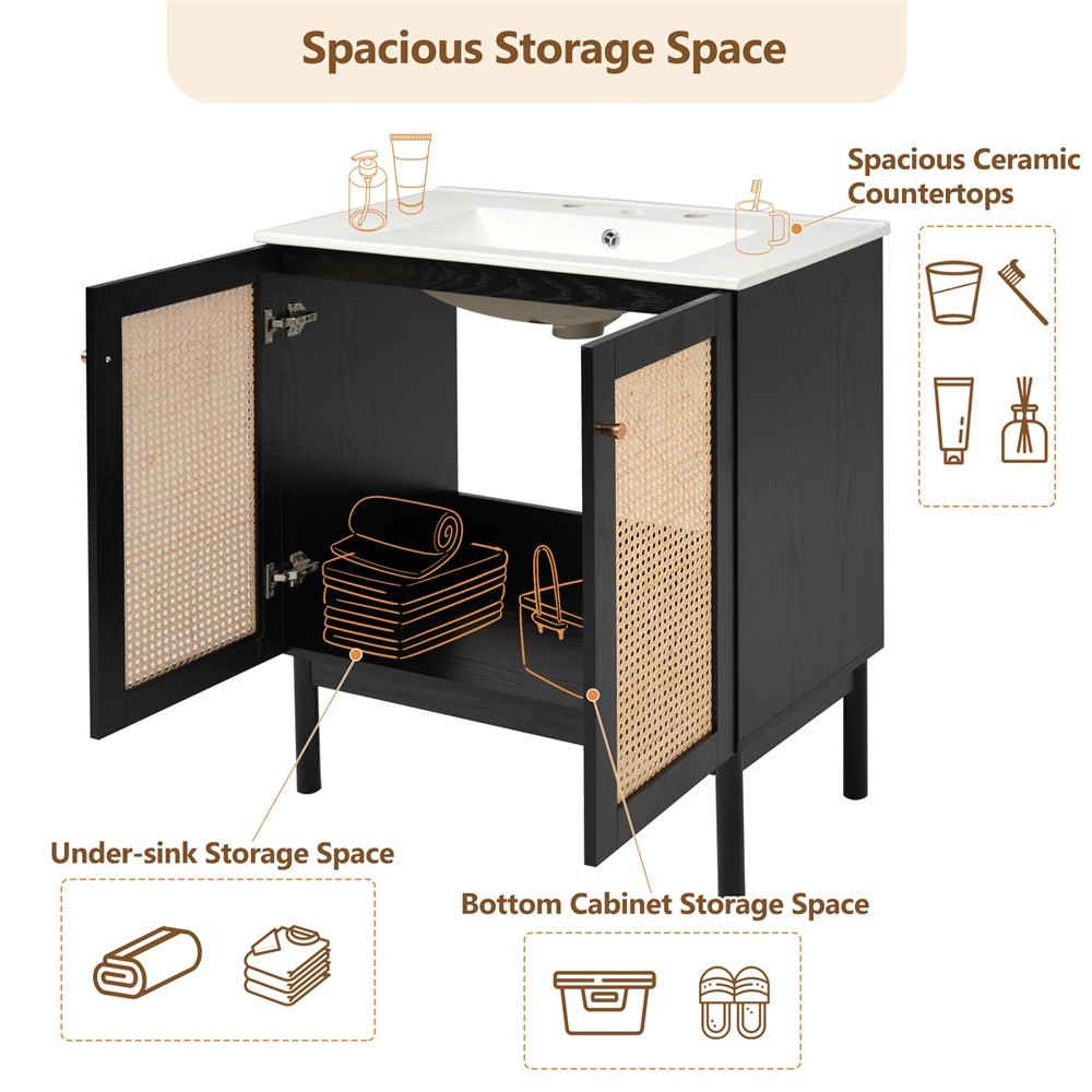 30″ Bathroom Vanity w/ Sink, Freestanding Vanity Storage Cabinet, 2 Rattan Doors