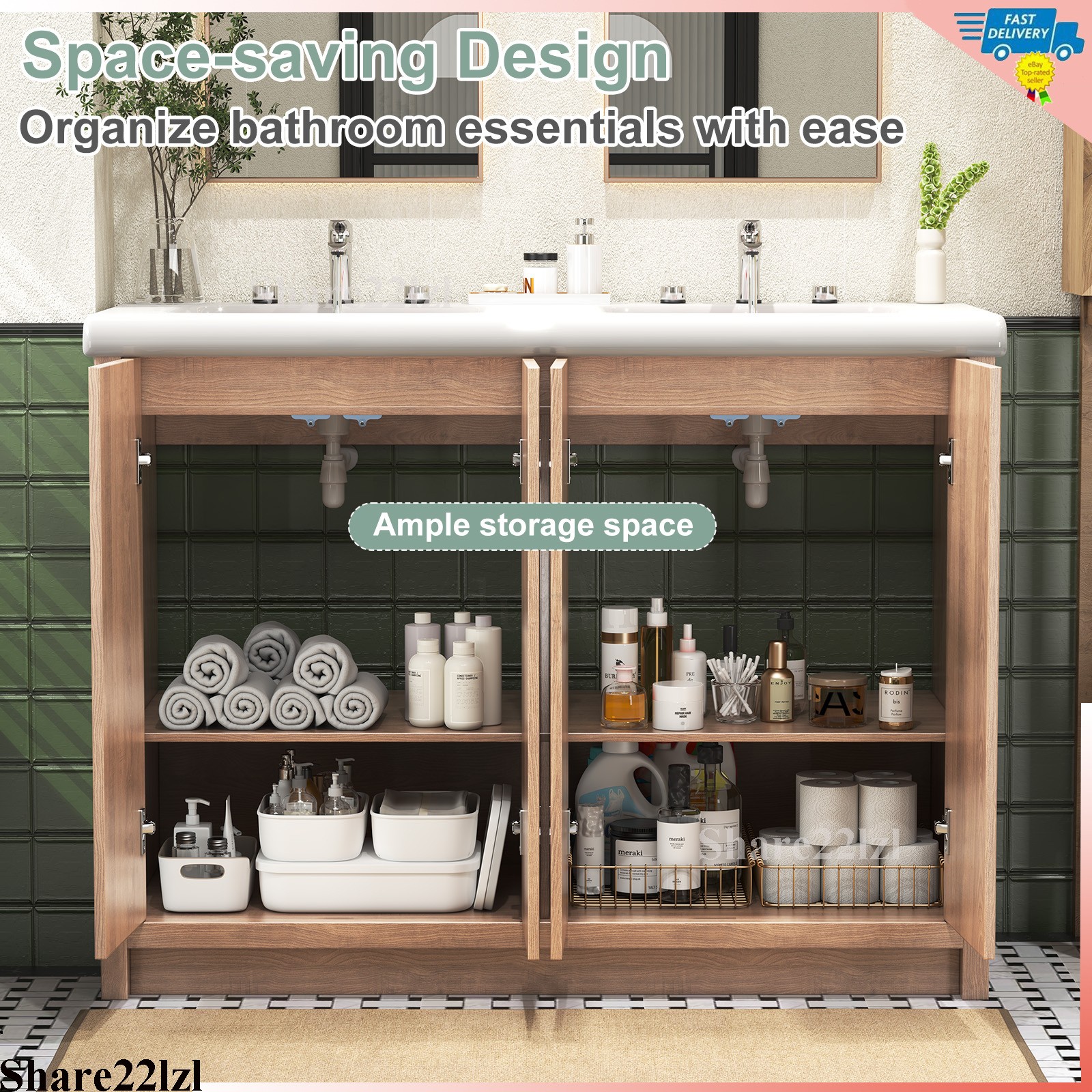 47″ Bathroom Vanity with Double Ceramic Sink, Modern Storage Cabinet with Doors