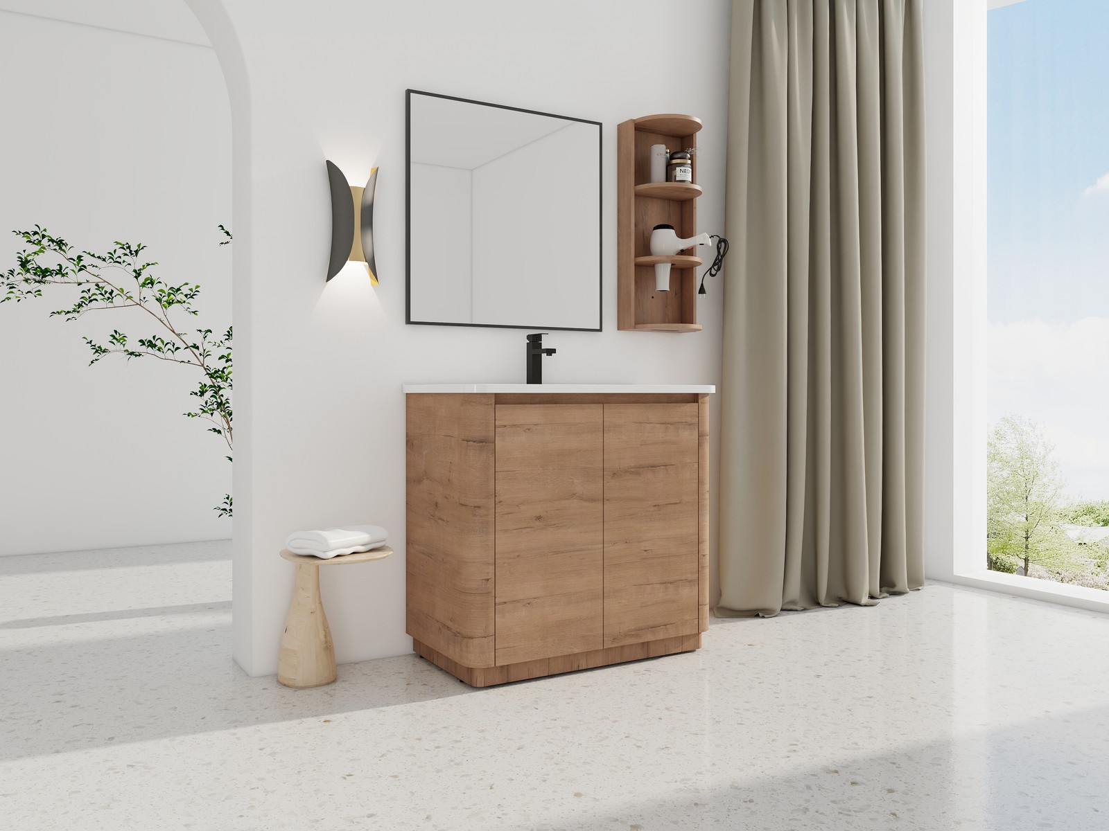 36 inch Freestanding Bathroom Vanity Cabinet W/ Ceramic Sink Basin Storage Rack
