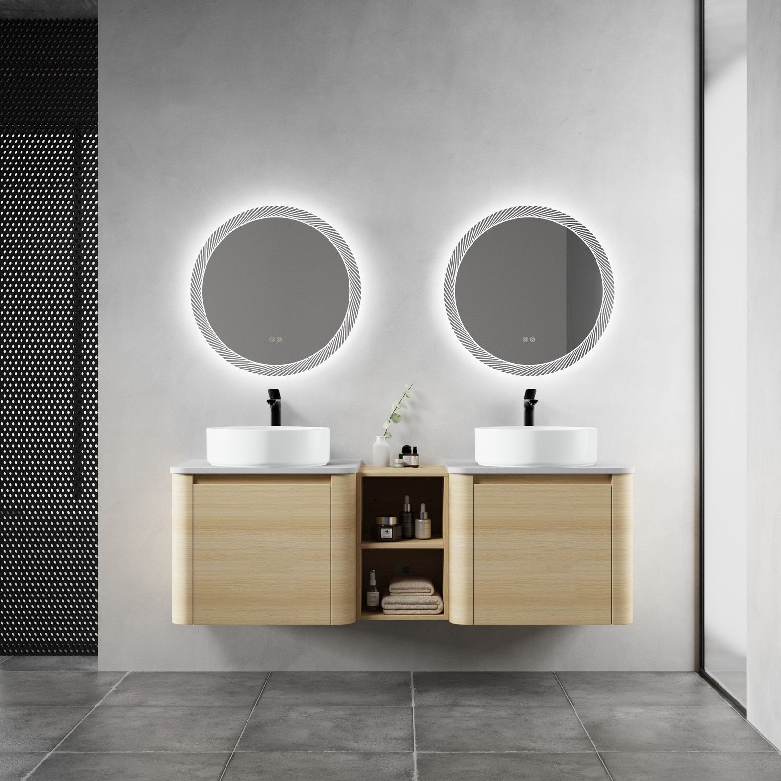 60 in Floating Bathroom Vanity Cabinet 2x White Ceramic Sink Basin +Open Shelves